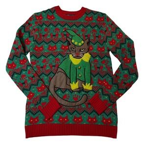 33 Degrees Grumpy Elf Cat Sphinx Christmas Sweater W/Bells Mens‎ Medium